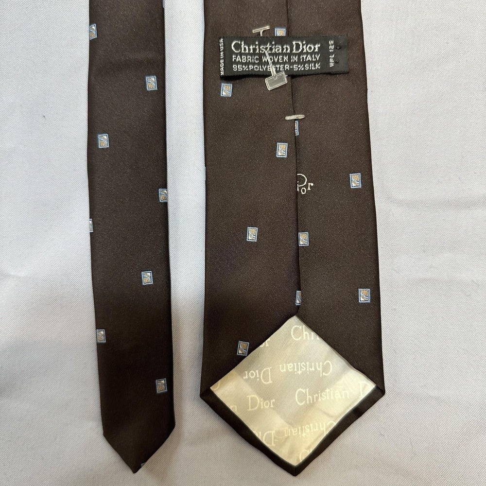 Christian Dior Tie Mens One Size Brown Geometric Silk Polyester Made USA Classic